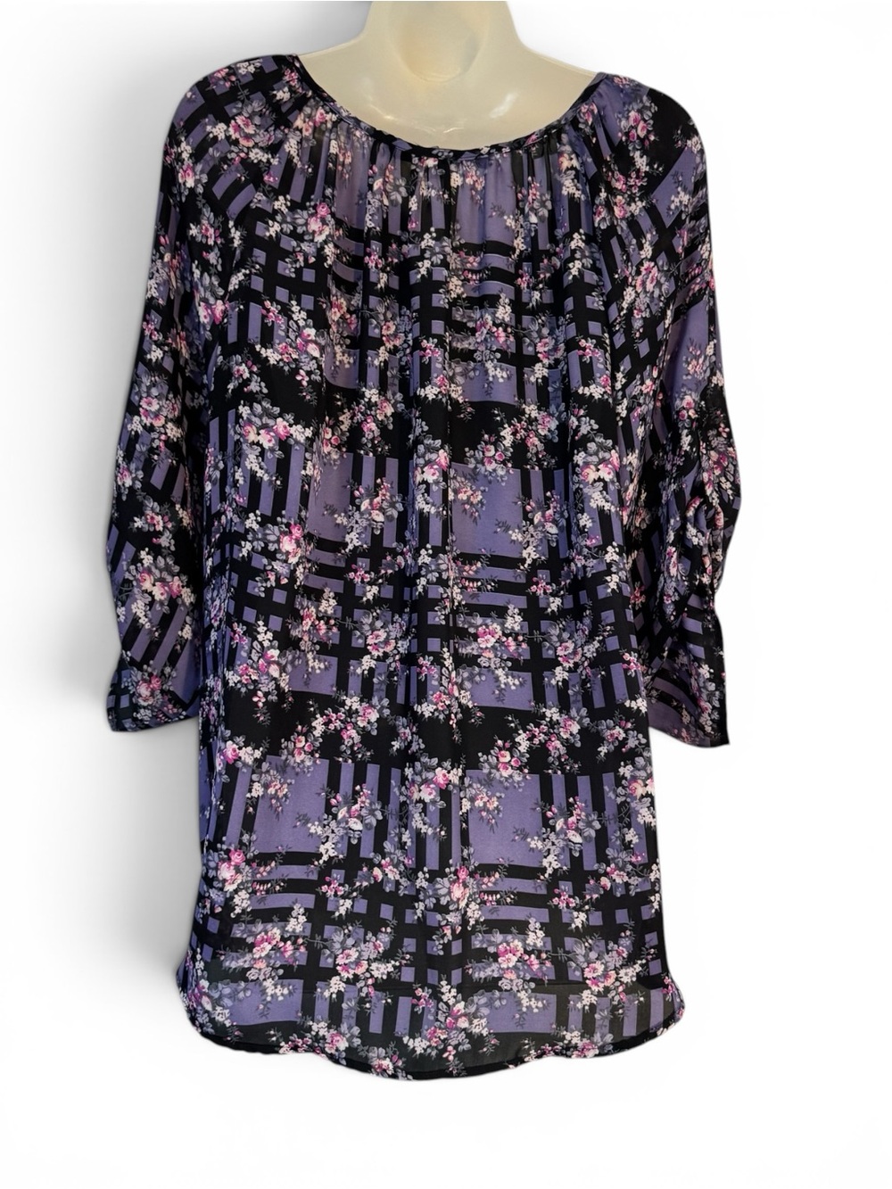 Purple and Black Floral Geometric Blouse PLUS SIZE: 2X BIN#14 - Picture 5 of 7